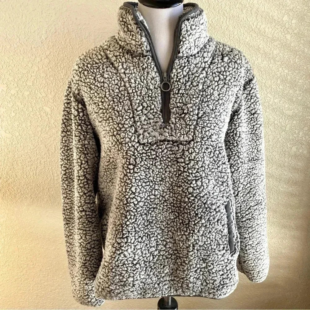 Thread & Supply Teddy Fleece 1/4 Zip Pullover Sweater Borg Gray: Size Medium